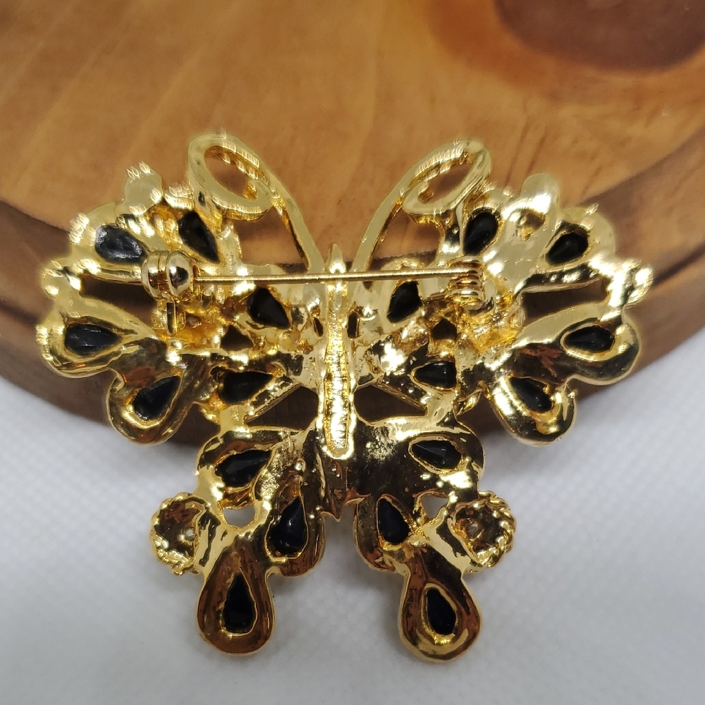 Vintage-Inspired Hand Crafted Gold and Black Butterfly Brooch - Picture 3 of 7